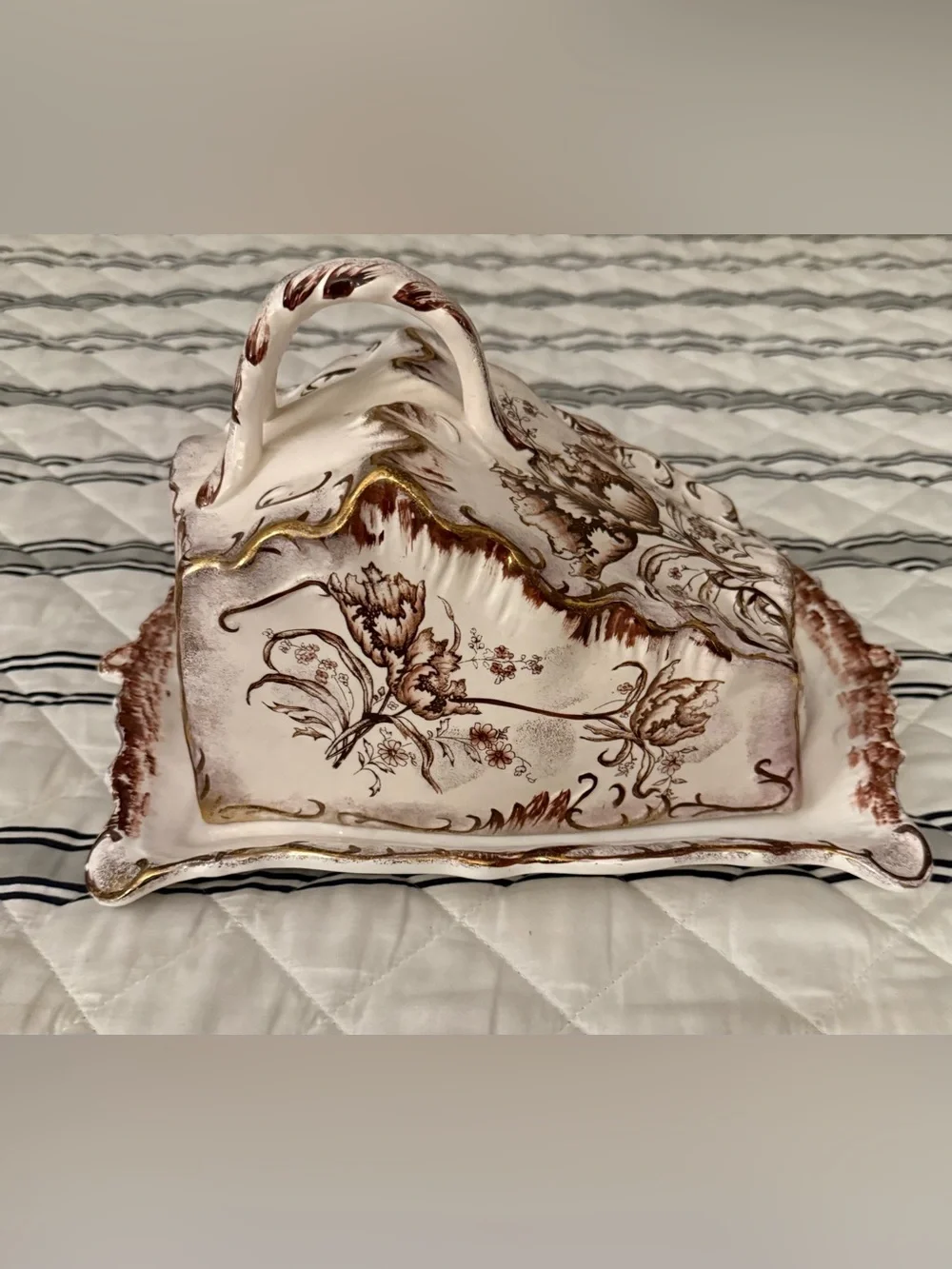 Victoria Ware Ironstone Burgundy, Gold, White Cheese Bread Serving Dish Vintage